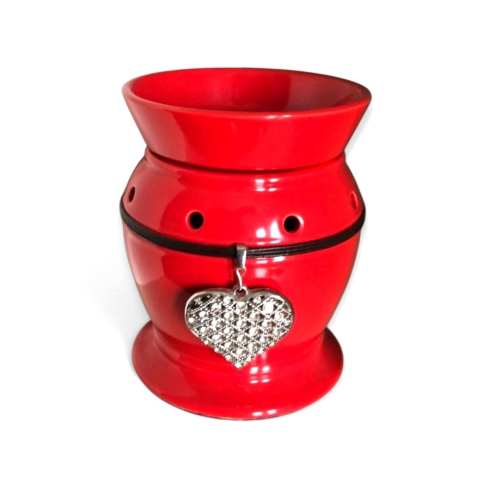Scentsy Red Ceramic Wax Warmer with Silver Jeweled‎ Heart Pendant "Be Mine"